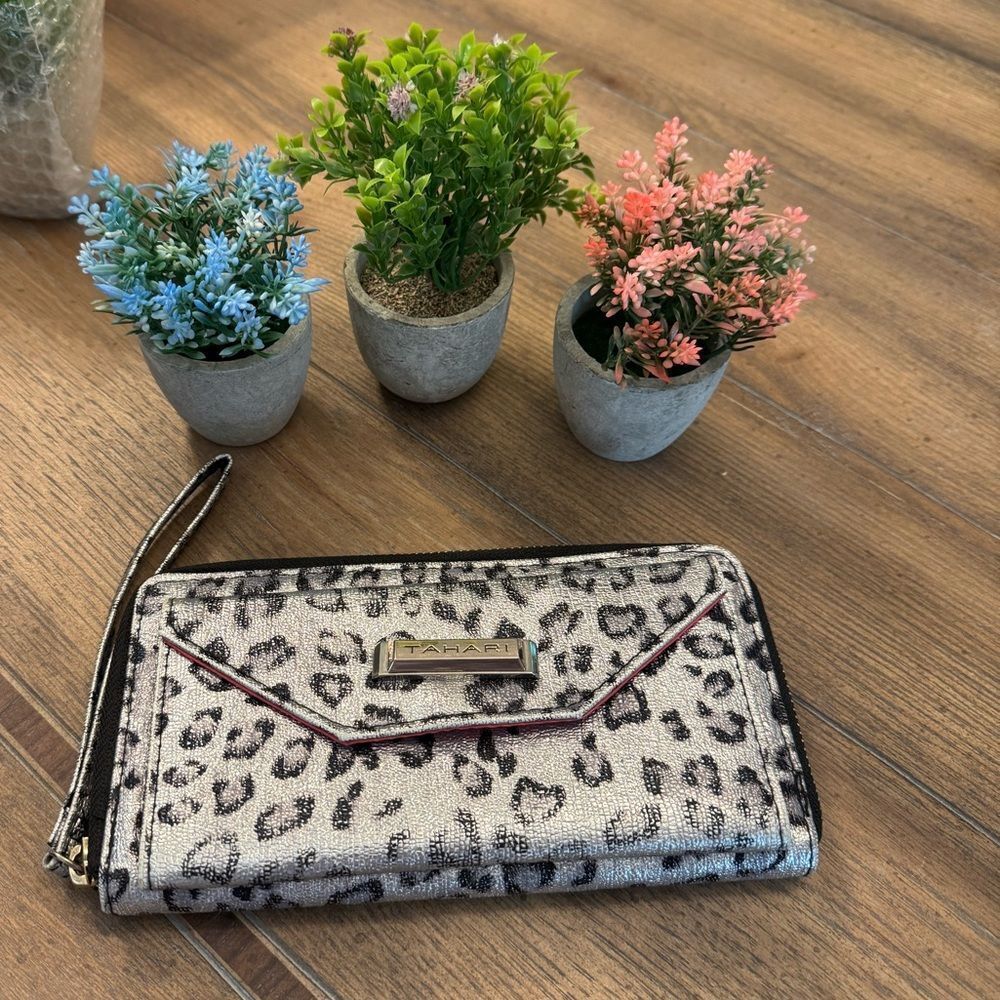 Tahari Metallic Silver and Black *Cheetah Print* Wristlet Wallet
